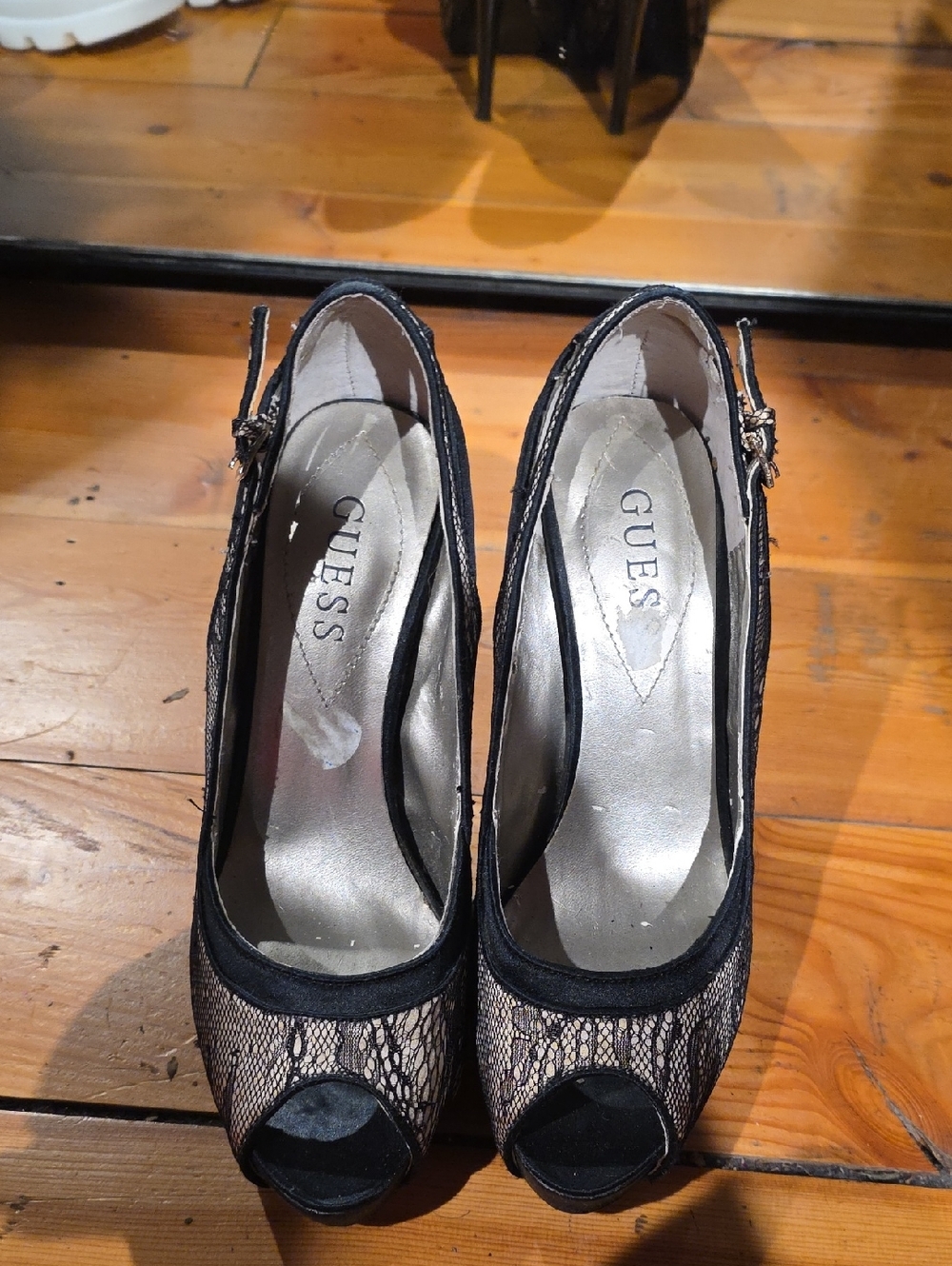 GUESS Black Lace Peep-Toe Slingback Heels with Nude Underlay